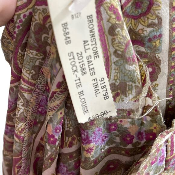 90s BROWNSTONE STUDIO Vintage Green Purple Paisley Bow Neck Blouse - Picture 6 of 12